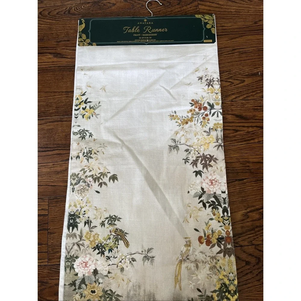 anatara Print Gold Embroidered table runner Floral Birds white peacocks 16 X 80
